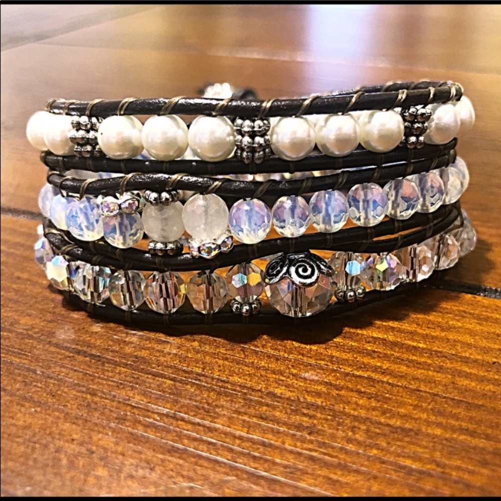 Handcrafted Multi-Strand Pearl & Crystal Wrap Bracelet - White
